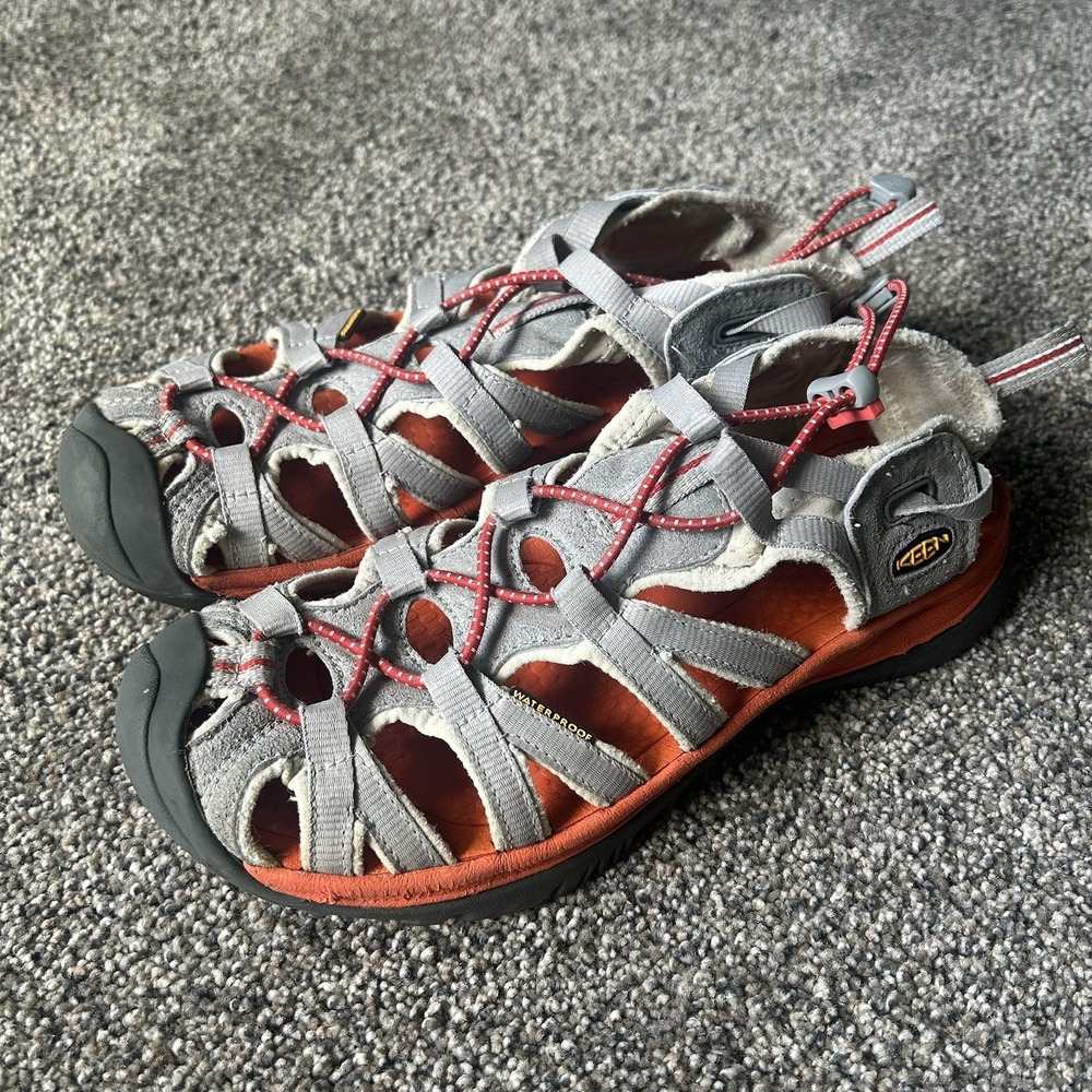KEEN Whisper Waterproof Sandals Women's 8 Gray Orange Red Bungee Hiking Water